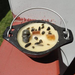 Cast Iron Cauldron Candle~Handmade~W/Labradorite Skull~Citrine,Obs…